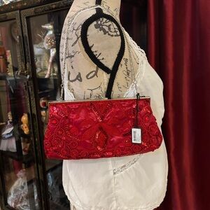 NWT Bijoux Terner Red Beaded & Quartzand Jewel Evening bag